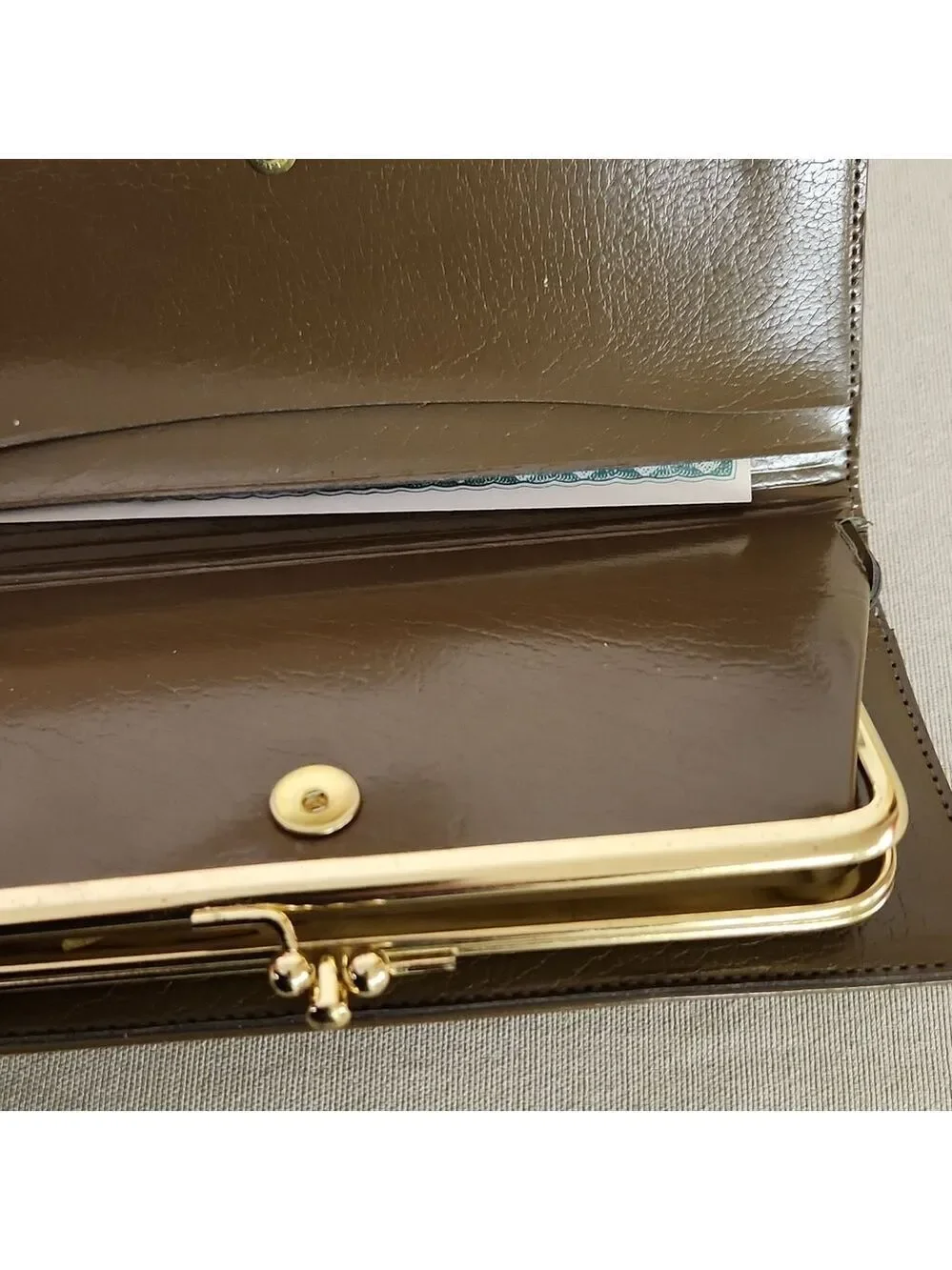 Brown Leather Clutch/ Wallet with Gold Accents Vintage 1960s/70s